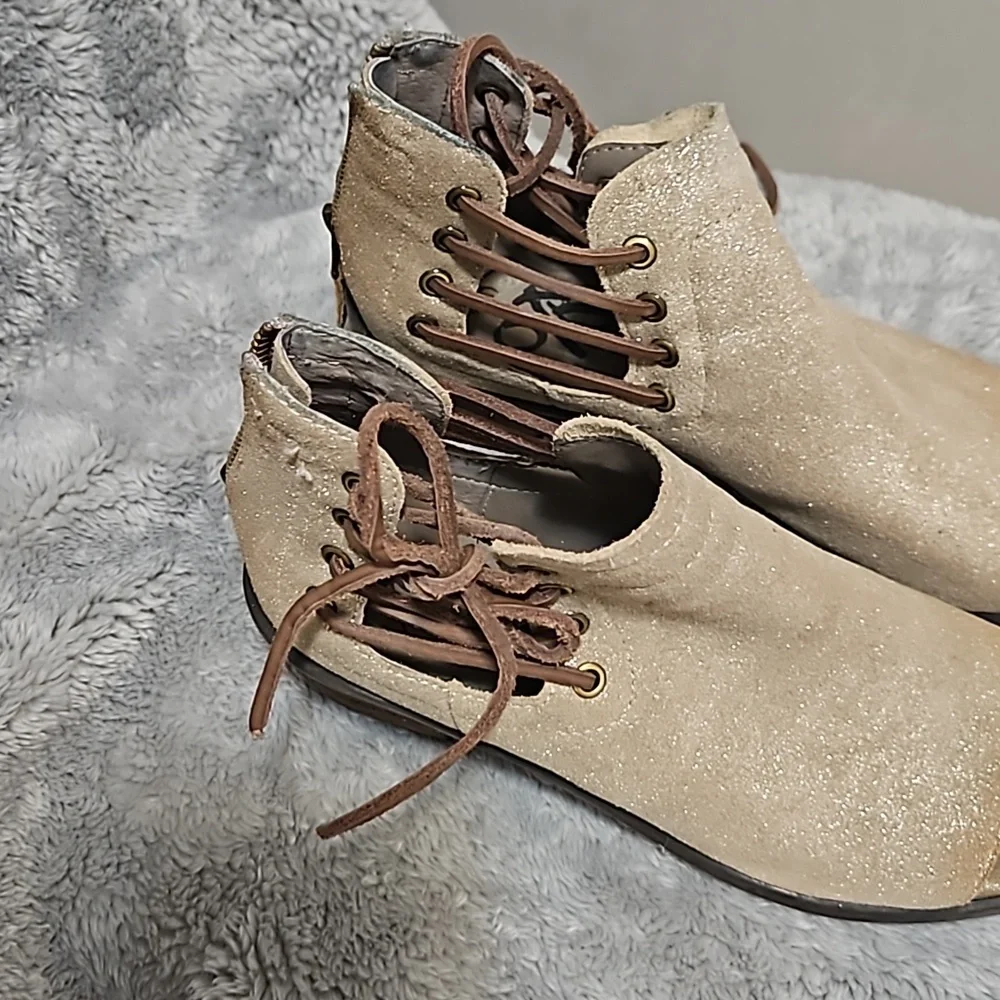 OTBT Tan Suede Open-Toe Lace-Up Ankle Booties
